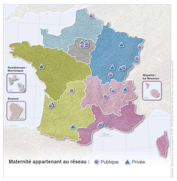 Figure CSH P6. Localisation des maternités du Réseau Français de Sang Placentaire en  décembre 2014